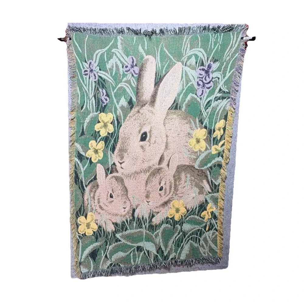 Vintage Woven Bunny Rabbit Tapestry Throw Blanket Fringe Easter Cottagecore